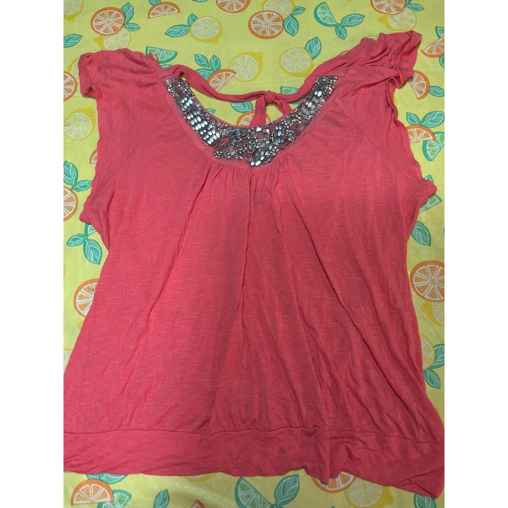 Y2K Womens Vanity Embellished Beaded Blouse L Coral Pink